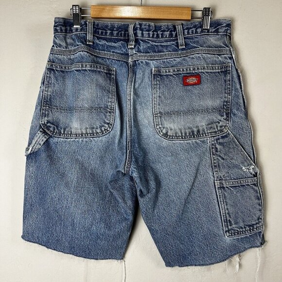 Dickies Shorts Mens 34 Blue Denim Carpenter Cut Offs Distressed‎ Holes Stains - Picture 3 of 8